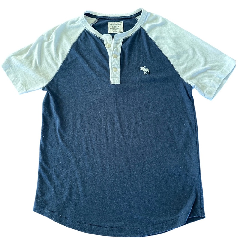 Abercrombie & Fitch Mens Small Henley Shirt Navy Gray Raglan Short Sleeve Moose